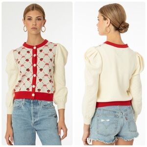 EllandEmm NWOT Strawberry Monogram Cardigan in Cream and Red, Size S/M